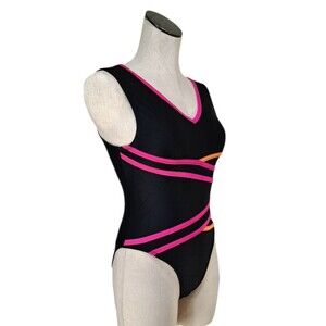 Satara VTG Hot Pink Stripe Dual Deep Vneck Tank Leotard Black AS/ASP (Juniors M)